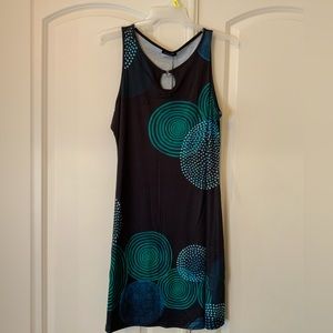 Sleeveless Dress Dark Blue Black with Green Circular design Cotton Blend Size XL